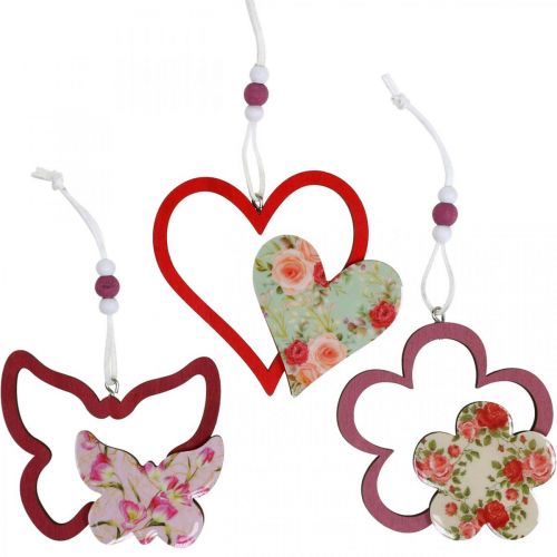 Pendentif printemps, fleur coeur papillon, décoration en bois avec motif floral H8,5/9/7,5cm 6 pcs