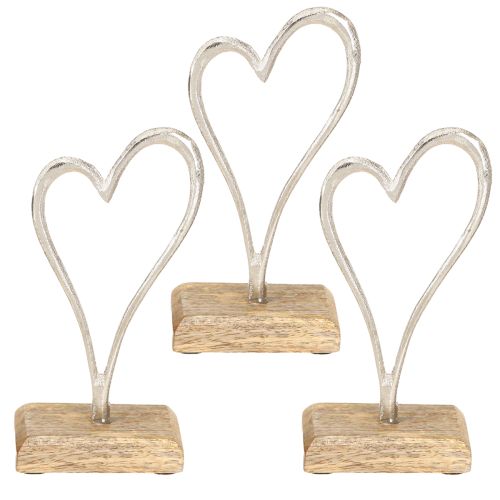 Article Décoration Coeur Métal Base Bois Naturel Argent H15.5cm 3 Pcs
