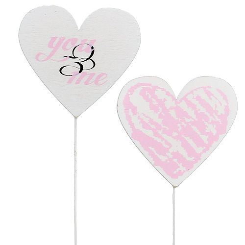 Coeur sur bâton 7cm blanc, rose 12 pcs