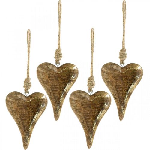 Floristik24 Coeurs en bois avec décoration dorée, bois de manguier, pendentifs décoratifs 10 cm × 7 cm 8 pcs