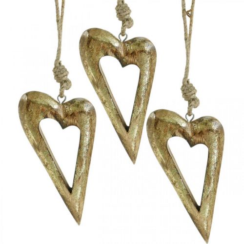 Floristik24 Déco coeur, bois de manguier effet doré, décoration bois à accrocher 13,5cm × 7cm 4pcs