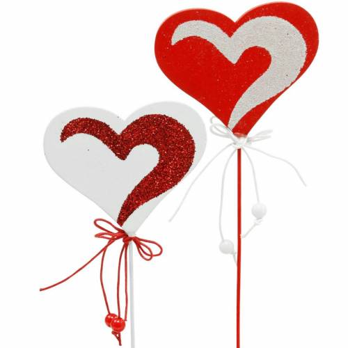 Floristik24 Coeur sur bâton rouge, blanc coeur décoratif bouchon décoratif Saint Valentin 16 pcs