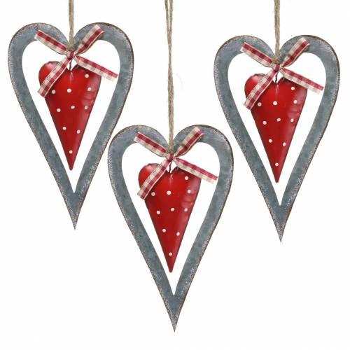 Floristik24 Coeur décoratif à suspendre en métal rouge, argent Ø8.8 H15cm 3pcs