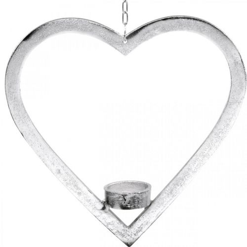 Coeur à accrocher, photophore pour l&#39;Avent, décoration mariage métal argenté H24cm
