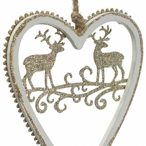 Article Coeurs à suspendre avec marqueterie bois, plastique blanc, doré, Ø9,2cm H12cm 4 pcs