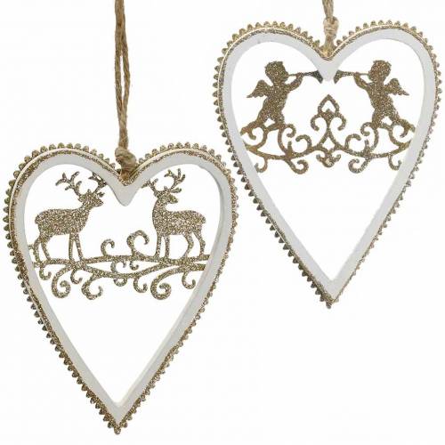 Article Coeurs à suspendre avec marqueterie bois, plastique blanc, doré, Ø9,2cm H12cm 4 pcs