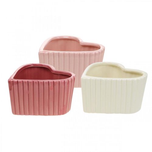 Article Coeur déco en céramique blanc, rose, mini jardinière H6cm 3pcs