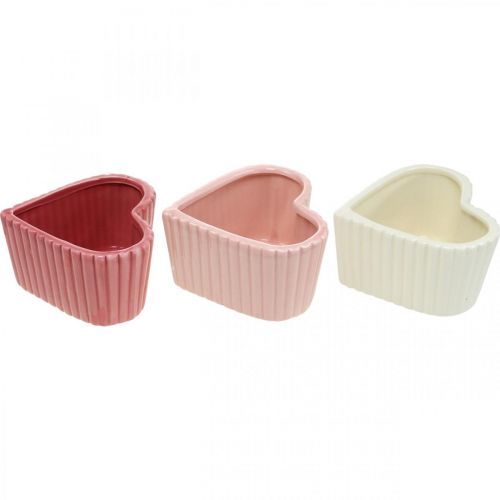 Article Coeur décoratif en céramique blanc, rose, mini jardinière H6cm 3 pcs