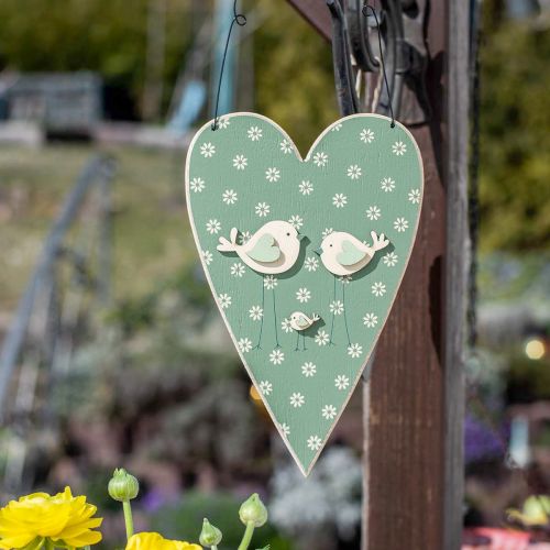 Article Coeur à suspendre, décoration en bois avec oiseaux, décoration de porte, vert printemps, jaune H22cm lot de 3