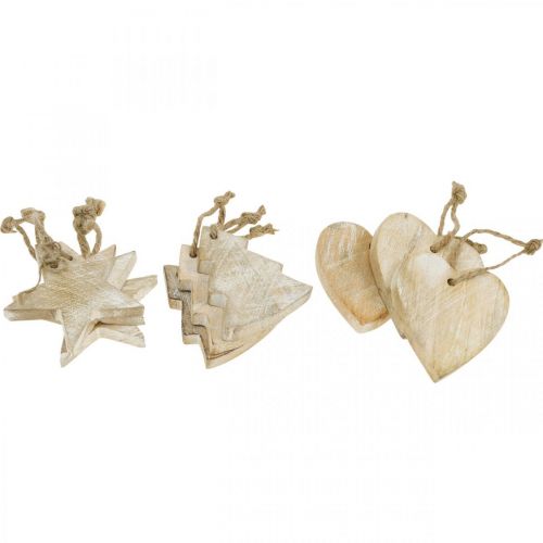 Floristik24 Pendentif en bois, sapin / coeur / étoile, set de décoration de Noël H7,5/8cm 9 pièces