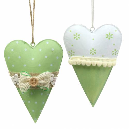 Floristik24 Suspension coeur métal vert anis, blanc assorti H11cm 4pcs
