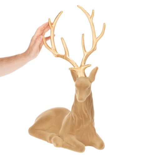 Figurine décorative représentant un cerf couché avec des bois, décor floqué, 58 cm | Floristik24.be