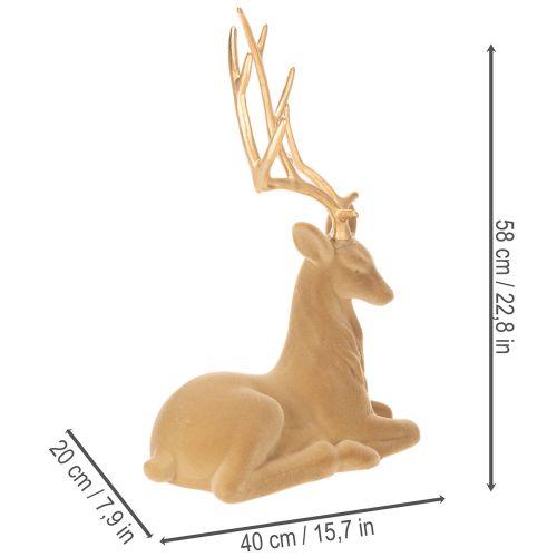 Figurine décorative représentant un cerf couché avec des bois, décor floqué, 58 cm | Floristik24.be