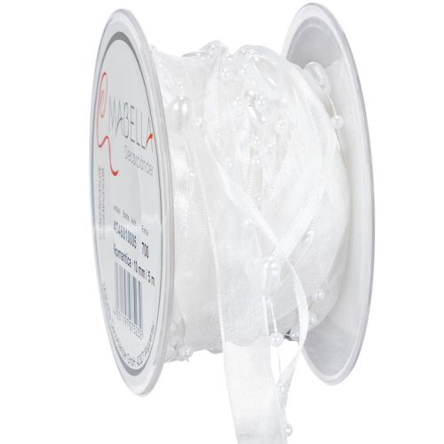 Floristik24 Ruban d'organza blanc pour décoration de mariage, 10 mm x 5 m, avec cœurs et perles