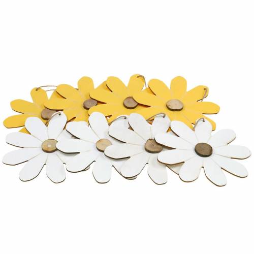 Floristik24 Fleurs en bois à suspendre, décoration printanière, fleurs en bois jaune et blanc, fleurs d&#39;été 8 pcs