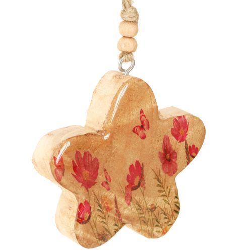 Article Pendentif en bois Fleurs de printemps en rose naturel H9cm 4 pcs