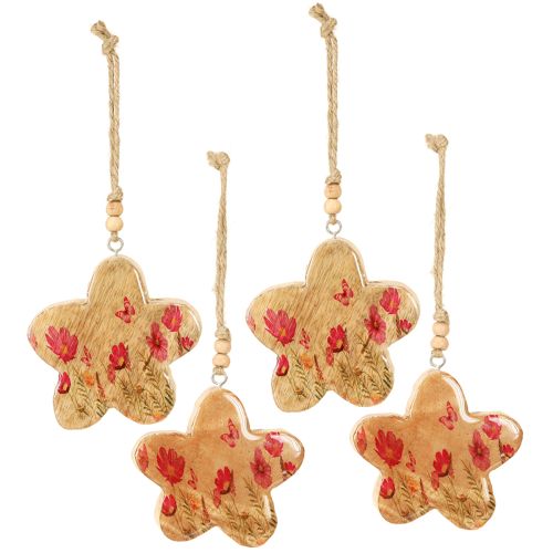 Article Pendentif en bois Fleurs de printemps en rose naturel H9cm 4 pcs