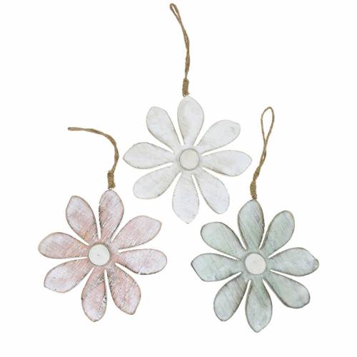 Floristik24 Fleurs décoratives pastel, fleurs d&#39;été, fleurs en bois, décorations florales à suspendre Ø12,5cm 3pcs