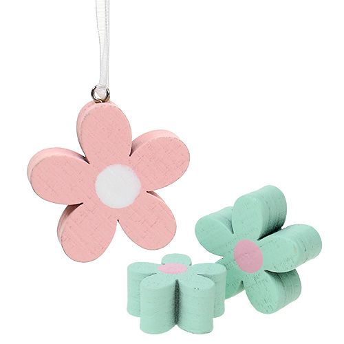 Fleurs en bois à suspendre, décorations dispersées rose, vert 12 pcs