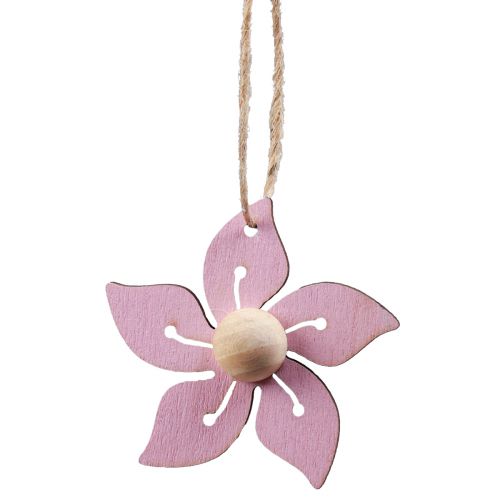 Article Fleurs en bois à suspendre décoration bois violet, rose, blanc 4,5cm 24 pcs