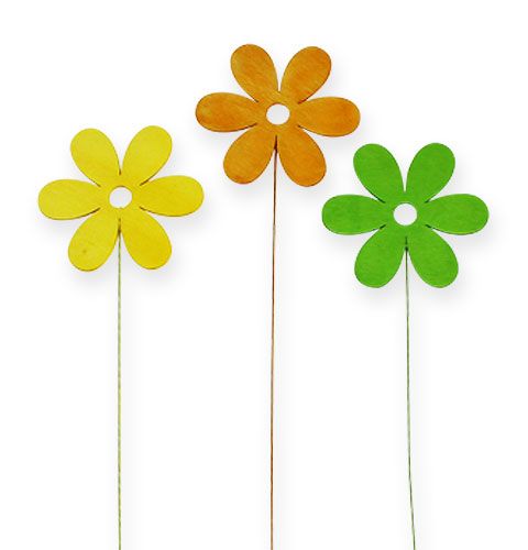 Floristik24 Fleur en bois sur le fil 8cm genre 3 couleurs. 12st