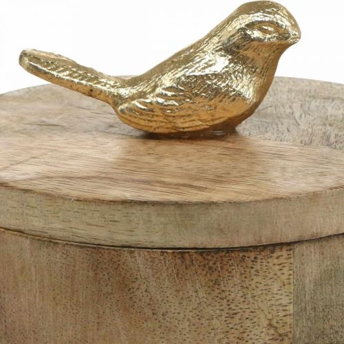 Boîte à bijoux avec oiseau, ressort, boîte déco en bois de manguier, vrai bois naturel, doré H11cm Ø12cm