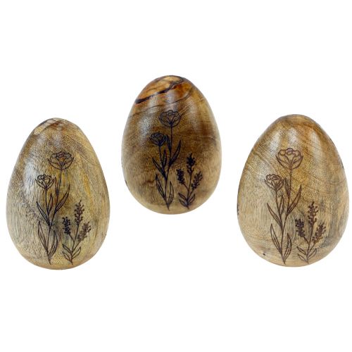 Article Oeufs en bois de manguier naturel Oeufs de Pâques en bois décor floral H10cm 3 pcs