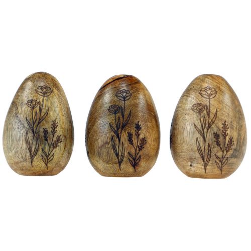 Article Oeufs en bois de manguier naturel Oeufs de Pâques en bois décor floral H10cm 3 pcs