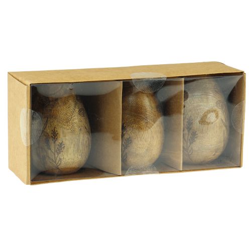 Article Oeufs en bois de manguier naturel Oeufs de Pâques en bois décor floral H10cm 3 pcs