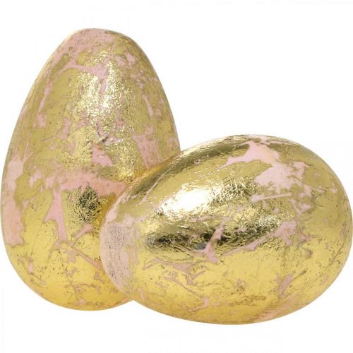 Oeufs en bois nobles, décoration printanière, Oeufs de Pâques dans un filet rose, doré H7-7,5cm Ø 4-4,5cm 6pcs