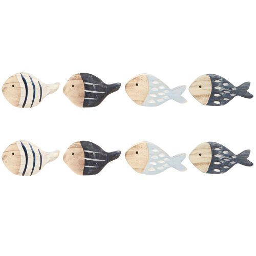 Article Décoration de Table Poisson Maritime en Bois Naturel Bleu Blanc 8-9cm 8 pcs