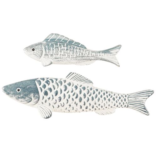 Article Poisson en bois en farine de bois bleu blanc L23cm/35cm Lot de 2