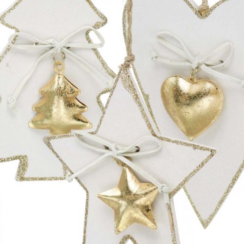 Floristik24 Pendentif Noël coeur / sapin / étoile, décoration bois, décoration arbre avec cloches blanc, doré H14.5 / 14 / 15.5cm 3pcs