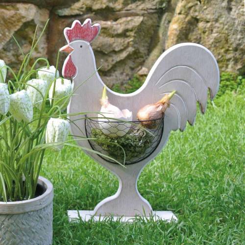 Floristik24 Coq en bois avec panier, décoration de Pâques, figurine en bois pour la plantation, décoration de printemps, poulet décoratif