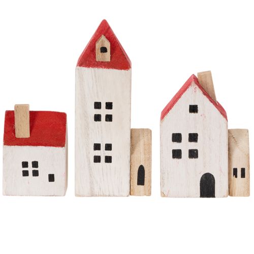 Ensemble de maisons décoratives en bois, rouge et blanc, décoration hivernale composée de plusieurs éléments, 13 cm, 6 pièces | Floristik24.be