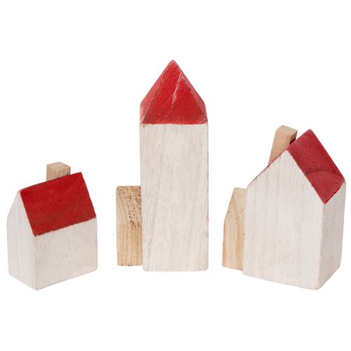 Ensemble de maisons décoratives en bois, rouge et blanc, décoration hivernale composée de plusieurs éléments, 13 cm, 6 pièces | Floristik24.be