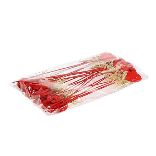 Floristik24 Coeur en bois sur un bâton rouge 4,5cm 24pcs