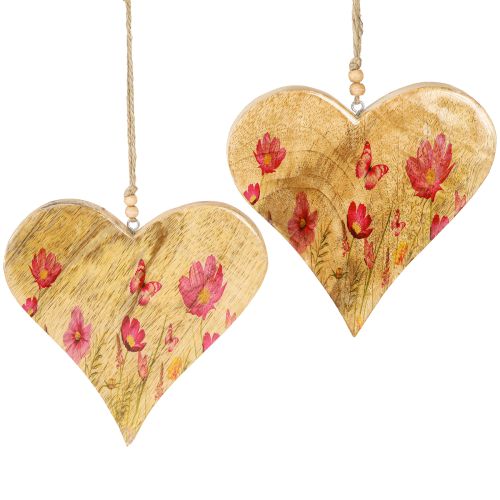 Article Cœurs en bois à suspendre Motif fleurs roses H18cm 2pcs