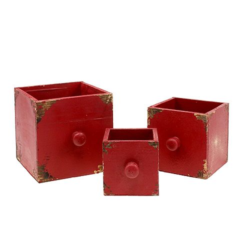 Floristik24 Tiroir-cube rouge en bois, lot de 3 pièces, 9/12/15 cm