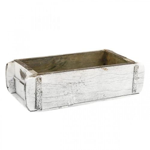 Forme de brique, boîte en brique, boîte en bois avec garnitures en métal, aspect antique, blanc délavé, L32cm H9cm