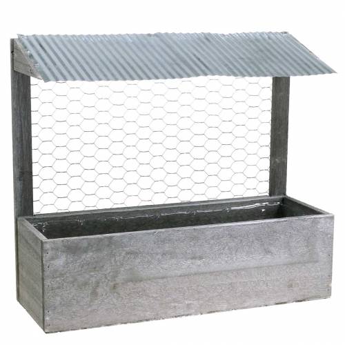 Floristik24 Jardinière en bois avec toit en tôle et fil de lapin lavé gris 38 × 13.5cm H34cm