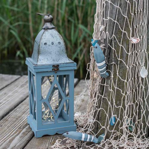 Article Lanterne en bois avec décoration en métal, lanterne décorative à suspendre, décoration de jardin bleu-argent H51cm