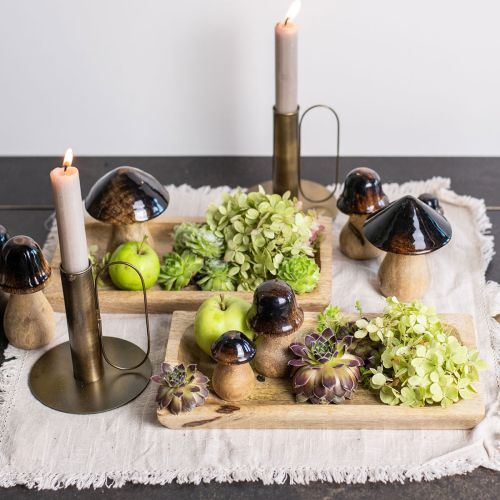 Décoration champignon en bois effet brillant marron naturel Ø10cm H12cm