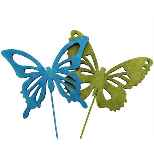 Article Papillon en bois sur fil multicolore assort. 8x6cm L27cm