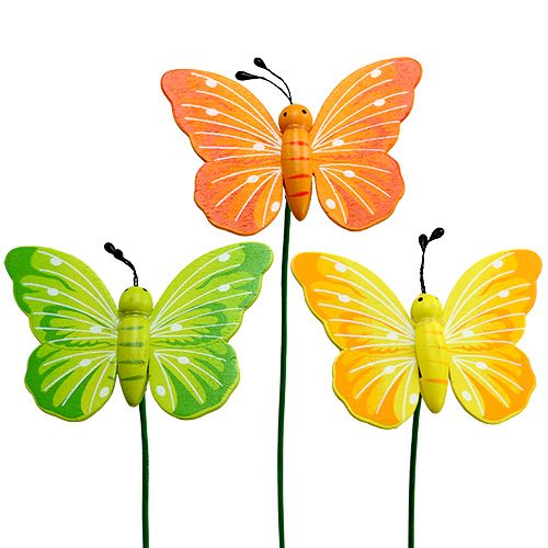 Papillons en bois sur tige 3 couleurs assortis 8cm 24P