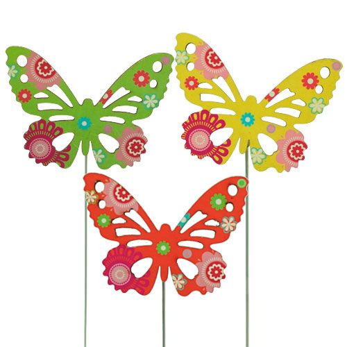 Floristik24 Papillons en bois sur le bâton dans des couleurs assorties. 9cm