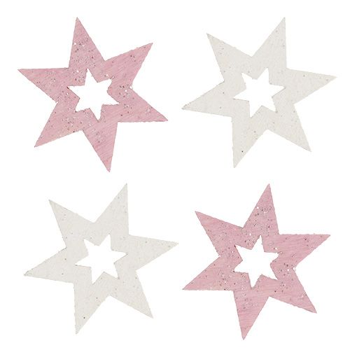 Floristik24 Étoile en bois 3,5cm rose/blanc avec paillettes 72 pcs