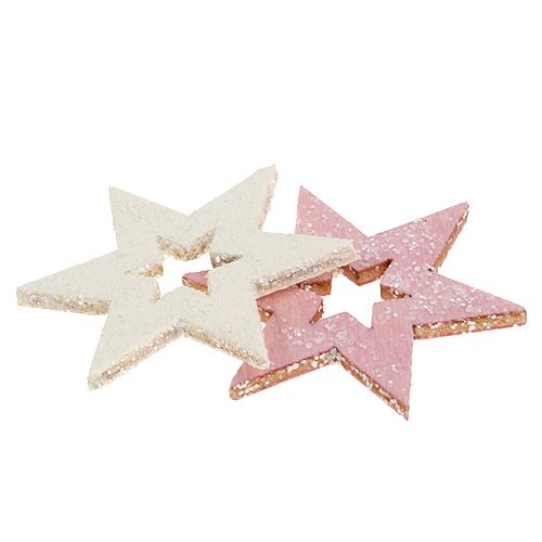 Floristik24 Étoile en bois 3,5cm rose/blanc avec paillettes 72 pcs