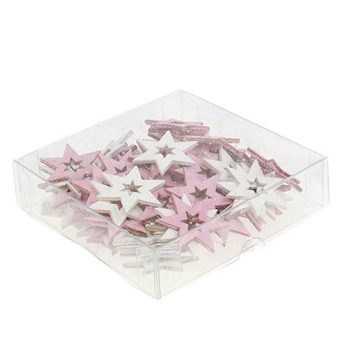 Floristik24 Étoile en bois 3,5cm rose/blanc avec paillettes 72 pcs