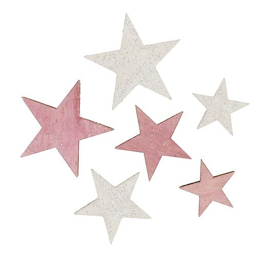 Floristik24 Etoile en bois 3-5cm rose / blanche avec des paillettes 24pcs